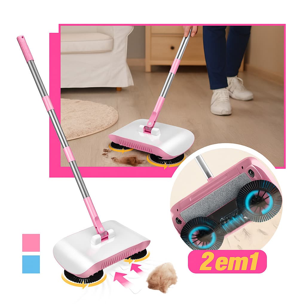Vassoura Mágica 2 em 1 Aspirador e Esfregão Giratório Manual Vassoura Limpeza Prática Mop Doméstico