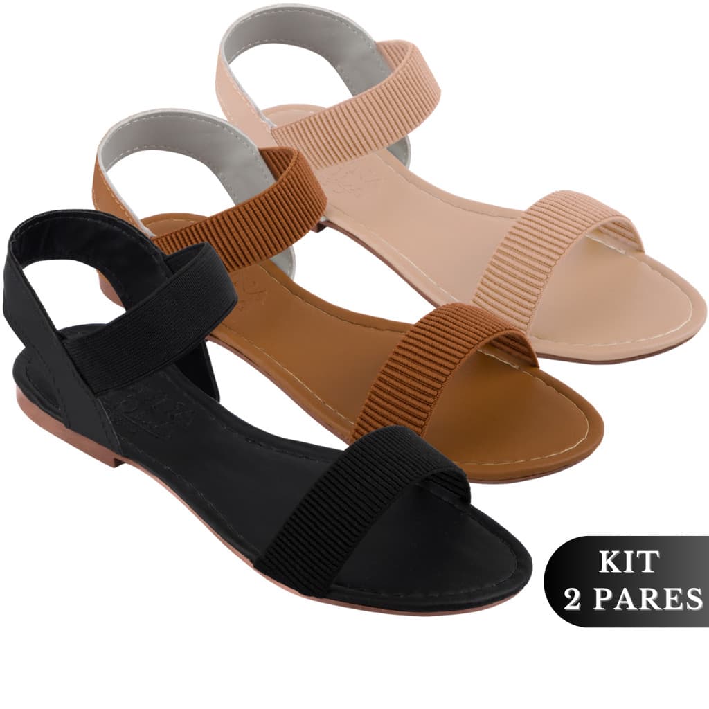 Sandália Feminina Rasteirinha Rasteira Calce Fácil Feminina Kit 2 Pares Confortável Elástico