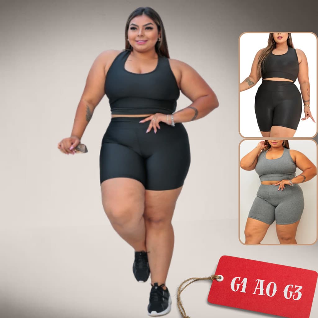 Kit De Academia Plus Size Curve Top + Shorts Legging Feminino Fitness Em Suplex Meia Coxa Cintura Alta