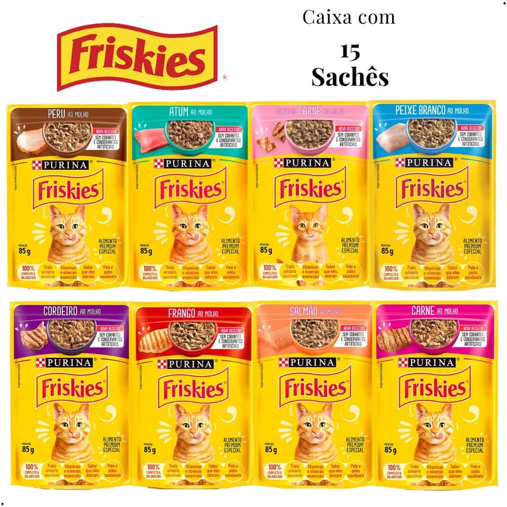 Kit 15 unid Sachê Friskies Alimento Úmido Gatos Carne Frango Atum Peixe Branco Cordeiro Salmão Peru