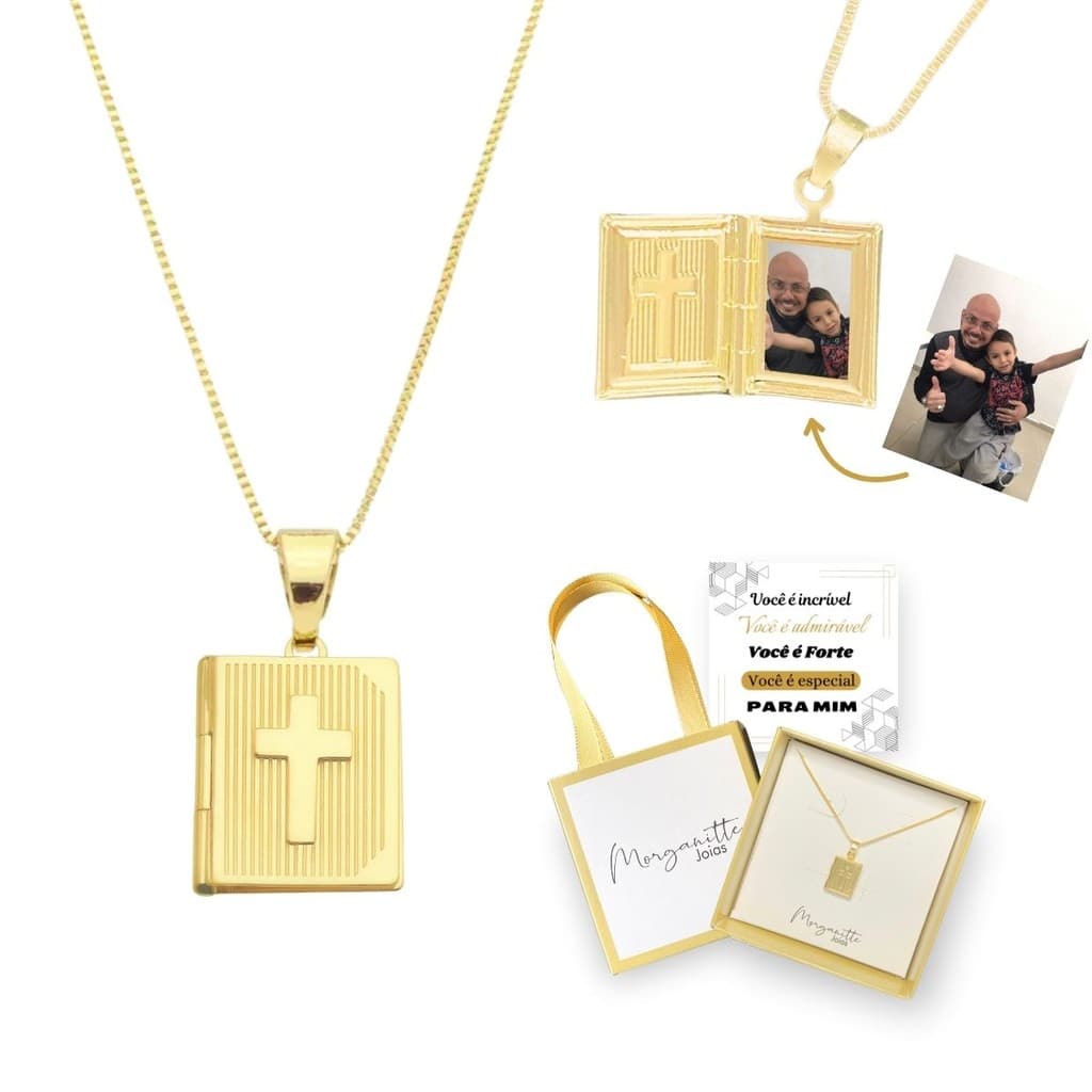 Relicário Biblia Colar Masculino Ouro 18k Personalizado fotos Banhado relicario masculino 60cm