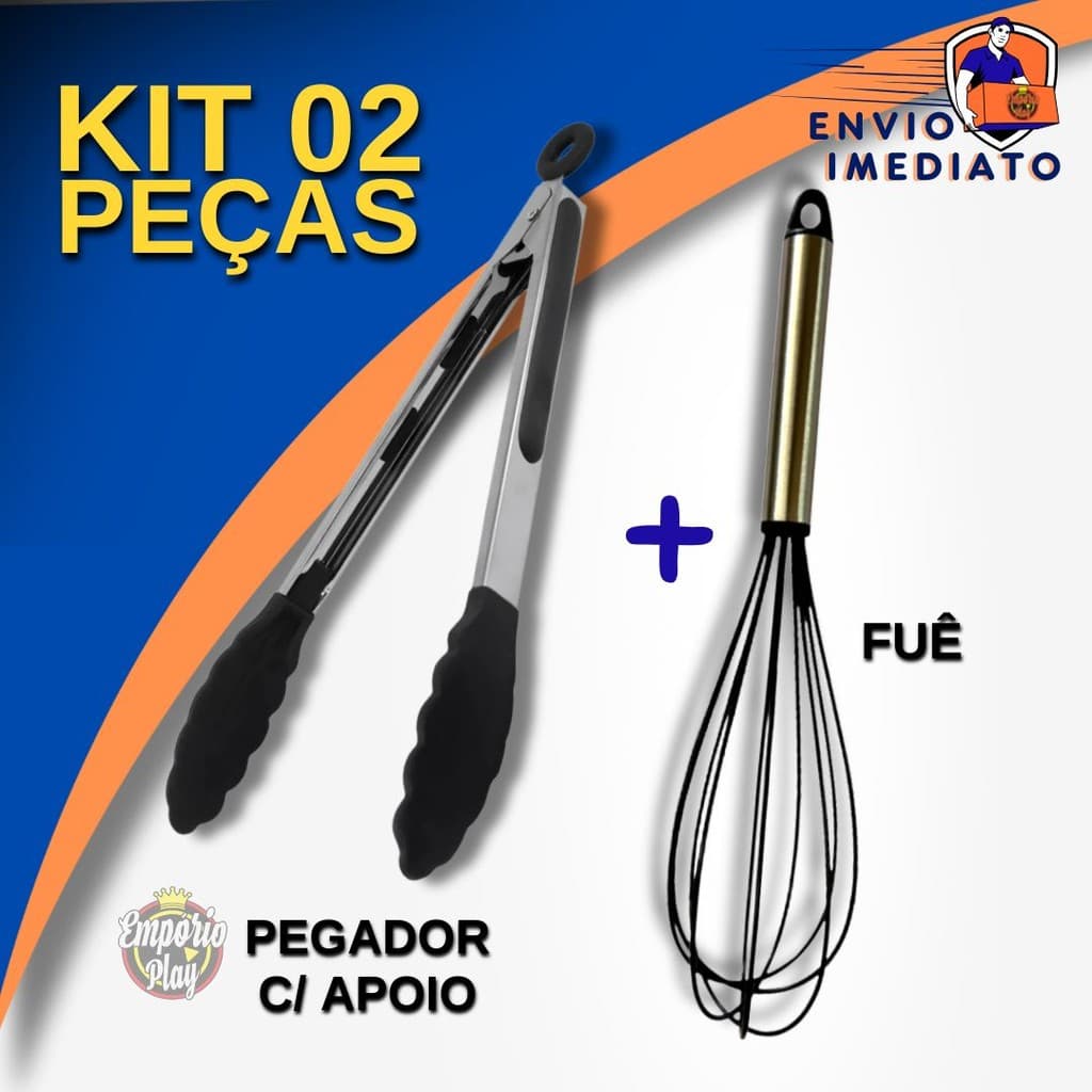 Kit 2 pçs 01 un. Fuê Fouet Batedor de Ovos + 01 un. Pinça Pegador Silicone e Inox para Saladas  Cabo em Aço Inox