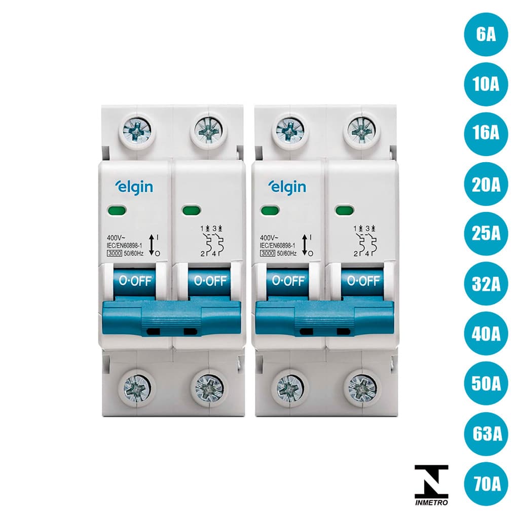 Kit 2 Disjuntor Bipolar Duplo Elgin 6A até 70A Curva C 2 Polo Homologado Inmetro