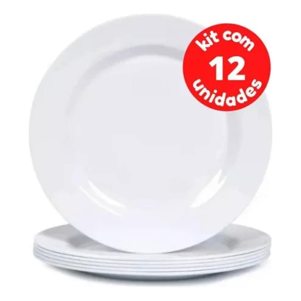Kit Jogo 12 Pratos Branco de Melamina 25cm Buffet Hotel Raso