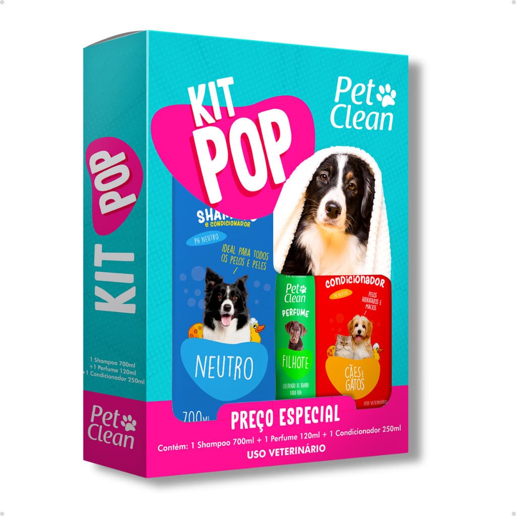 Kit POP Banho Shampoo + Perfume + Condicionador Pelos Macios e Cheirosos Cachorro e Gato Pet Clean