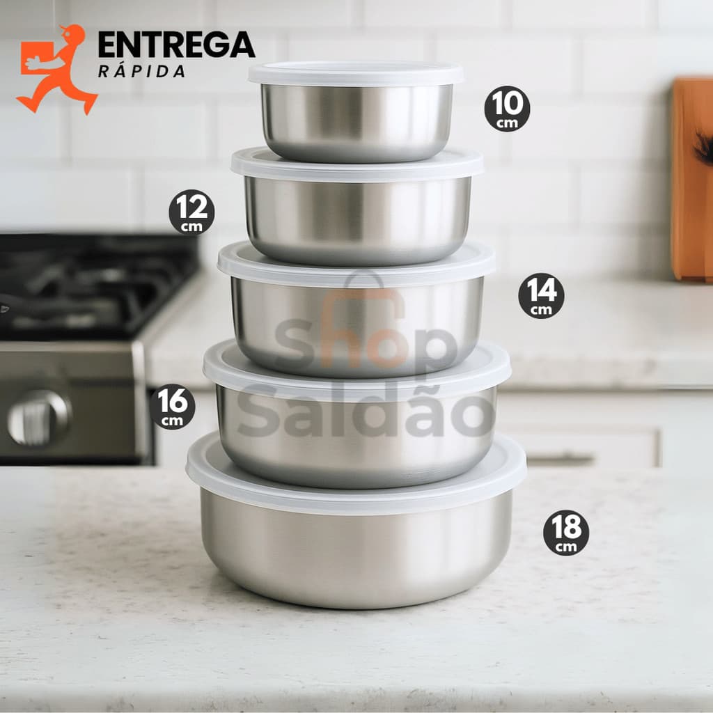 Kit 5 Tigelas Inox Com Tampa Potes Redondos 285ml a 1430ml Jogo de Pote Hermético Cozinha
