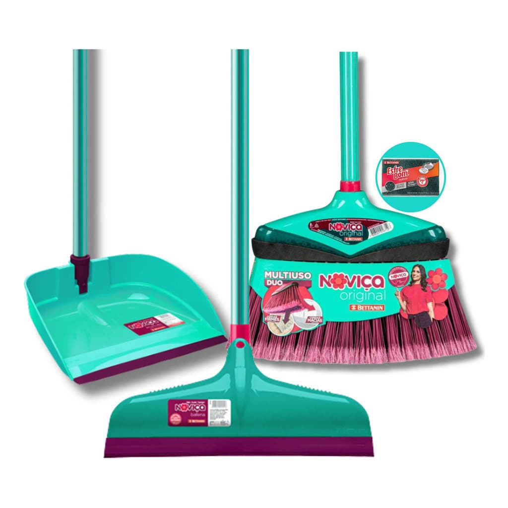 Conjunto Vassoura + Rodo Ballena 30cm + Pá Articulada Noviça