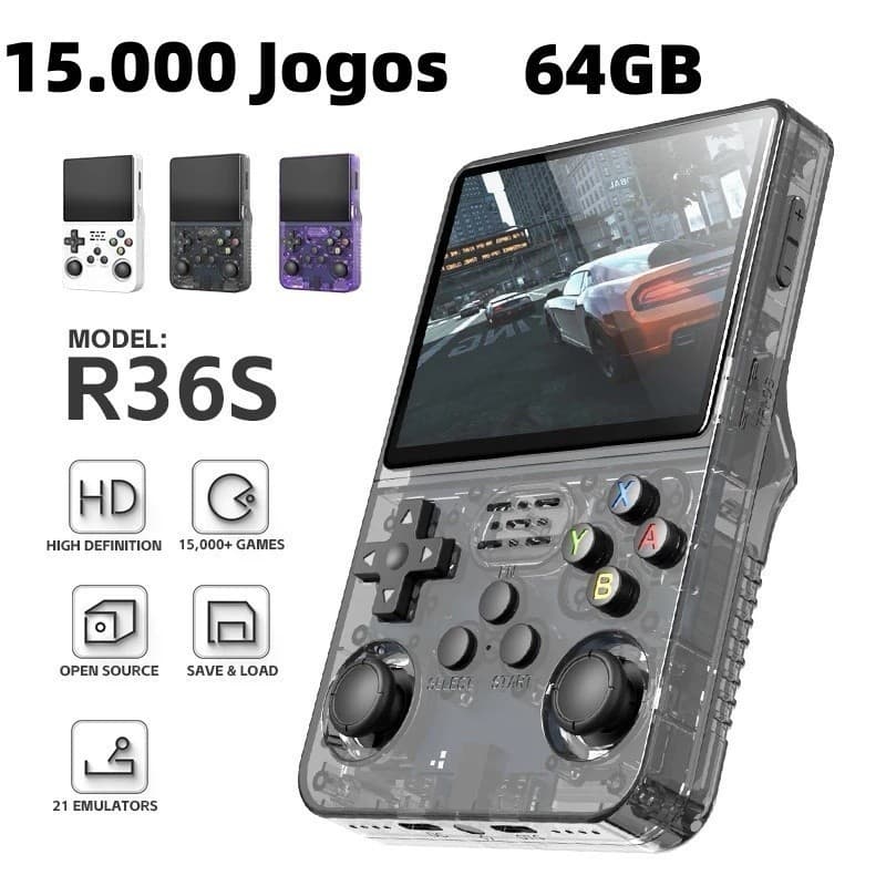 Console Portátil R36S + de 15.000 Jogos Vídeo Game 64g Linux Tela IPS 3.5 Polegadas a Pronta Entrega -JACKCELL