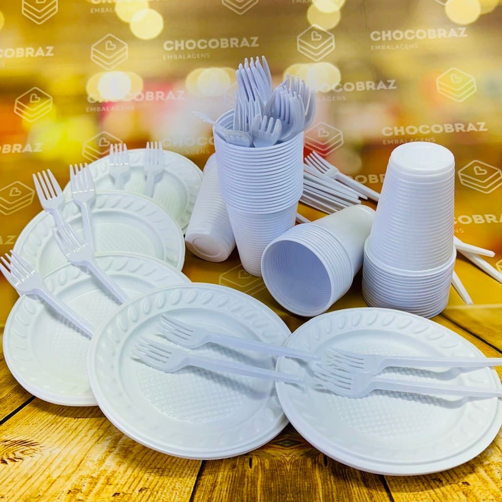 Kit Festa 50~200 PESSOAS ECONOMICO BRANCO GARFO + PRATO + COPO 30 % OFF