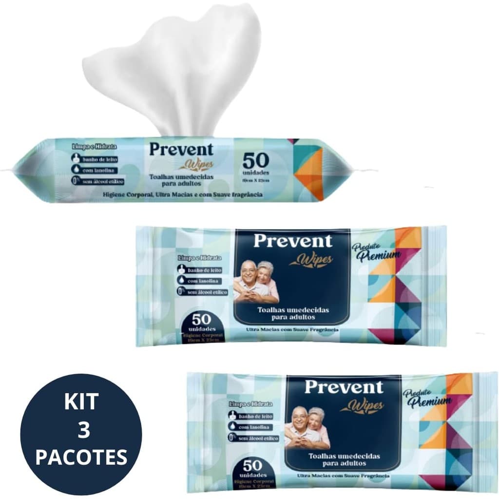 KIT 3 Pacotes Toalhas umedecidas Lenços Adulto Prevent Wipes 50 unidades Geriátrica  TOTAL 150 un