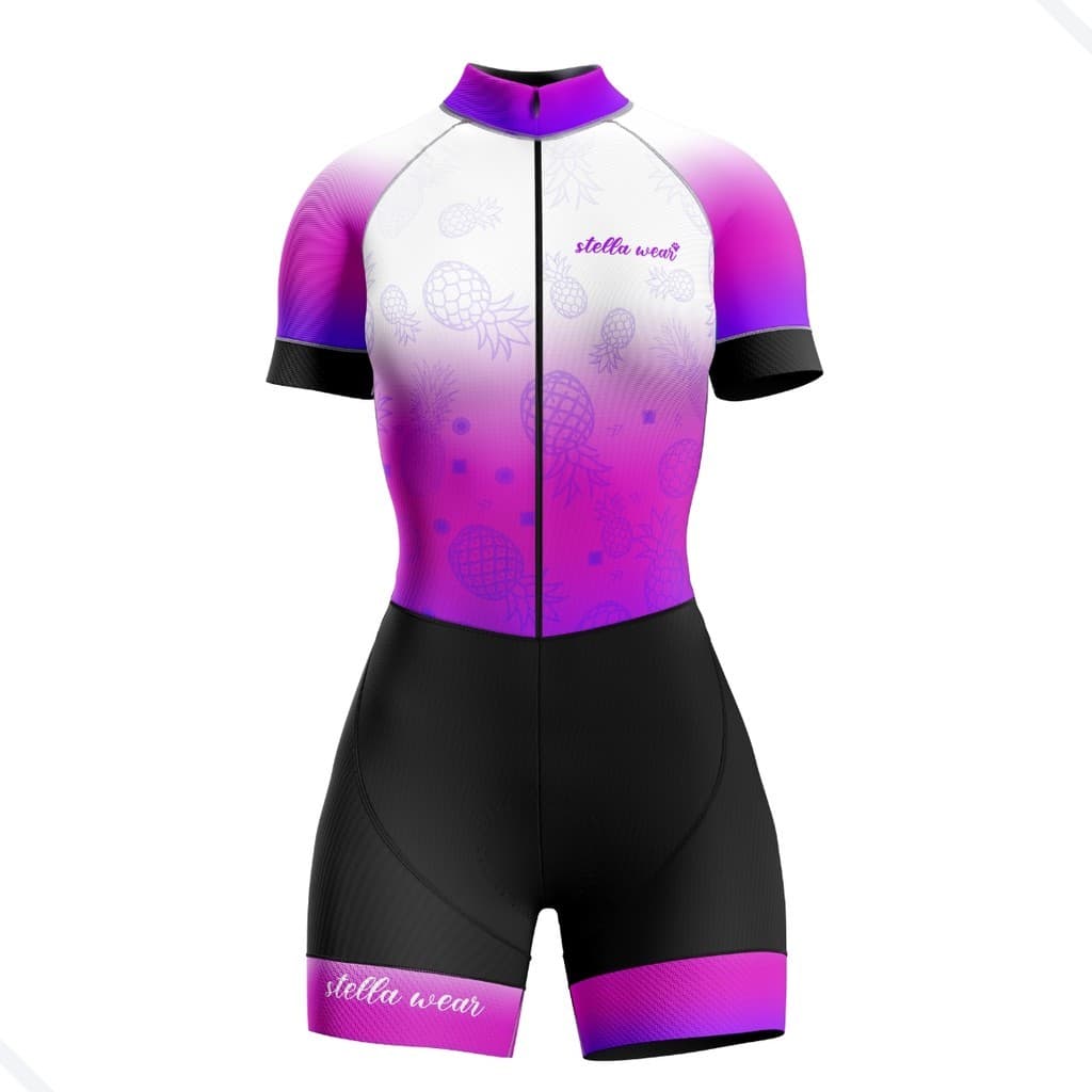 MACAQUINHO CICLISMO FEMININO STELLA WEAR ABACAXI ROSA COM BOLSOS UV 50+