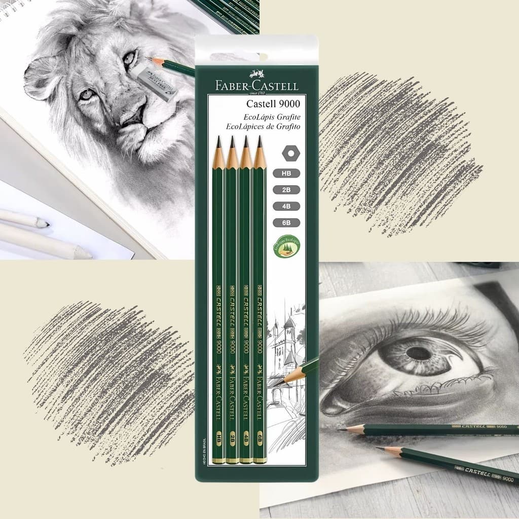 Kit EcoLápis Grafite 9000 4un HB 2B 4B 6B para Desenho Profissional Faber-Castell