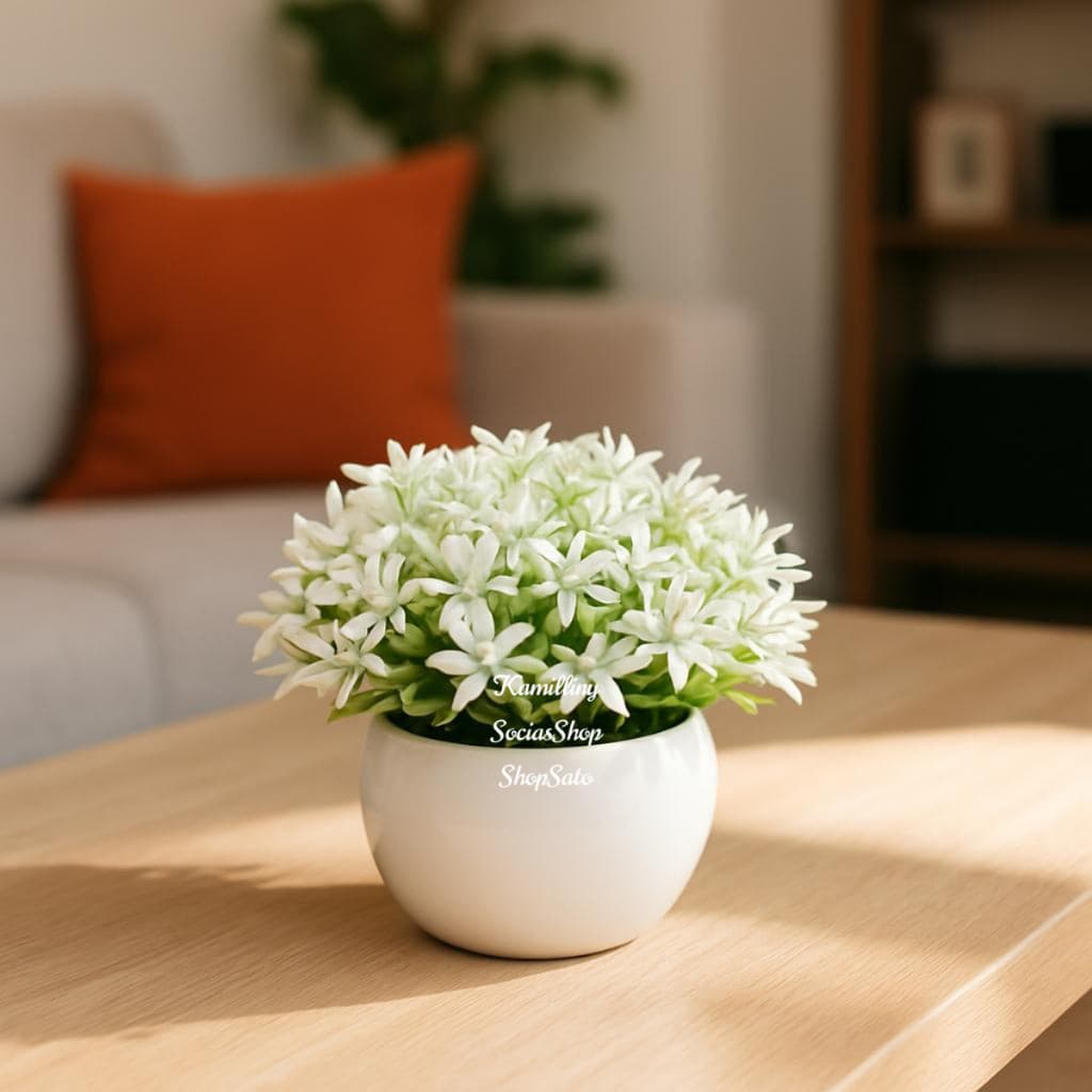 Arranjo Completo Mini Bonsai Branco Com Vaso De Musgo Redondo Pequeno Decoração Artificial