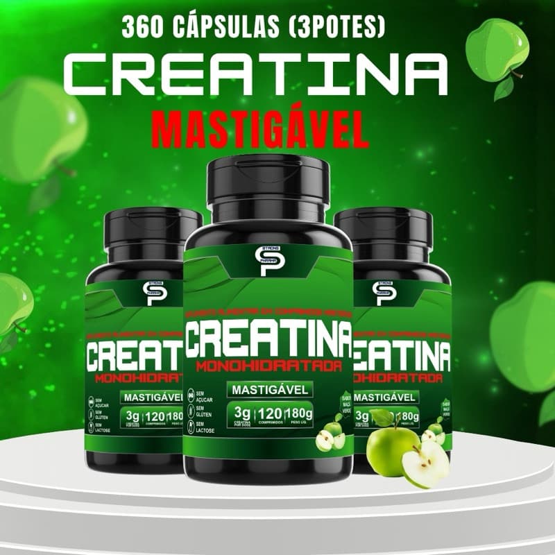 Creatina Pura Mastigável Creapure Sabor Maçã Verde 120 Comprimidos Energia Atletas 3000mg  Por Dose