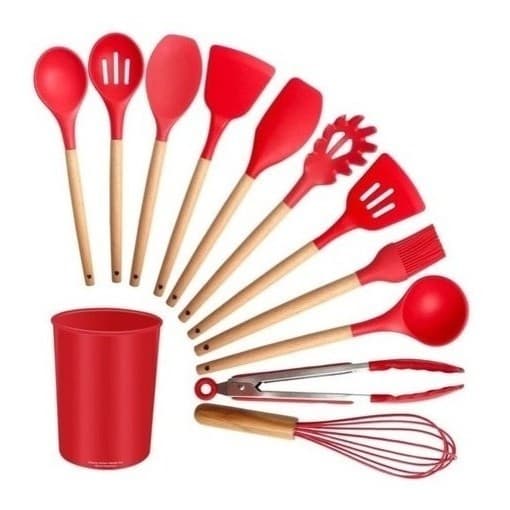 Kit 12 Peças Talheres Silicone Cozinha Cabo Madeira