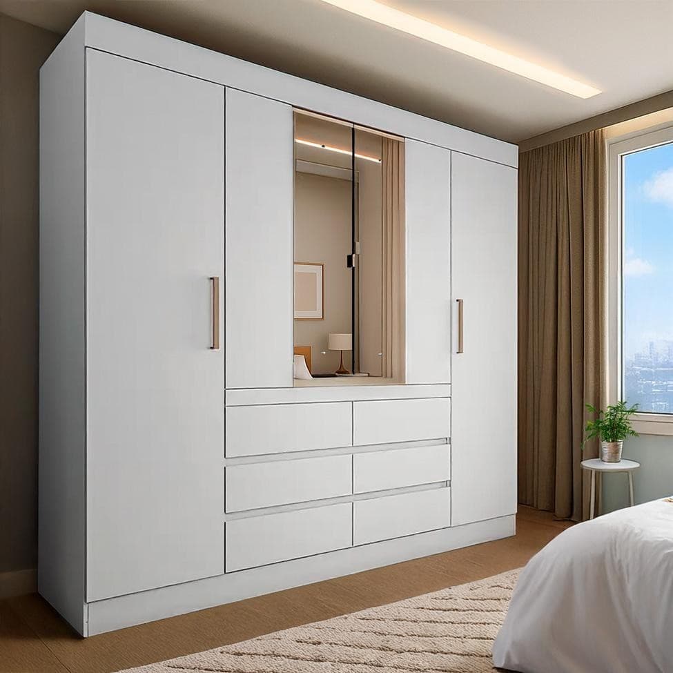 Guarda-Roupa Casal com Espelho Trevi 4 Portas 6 Gavetas Branco