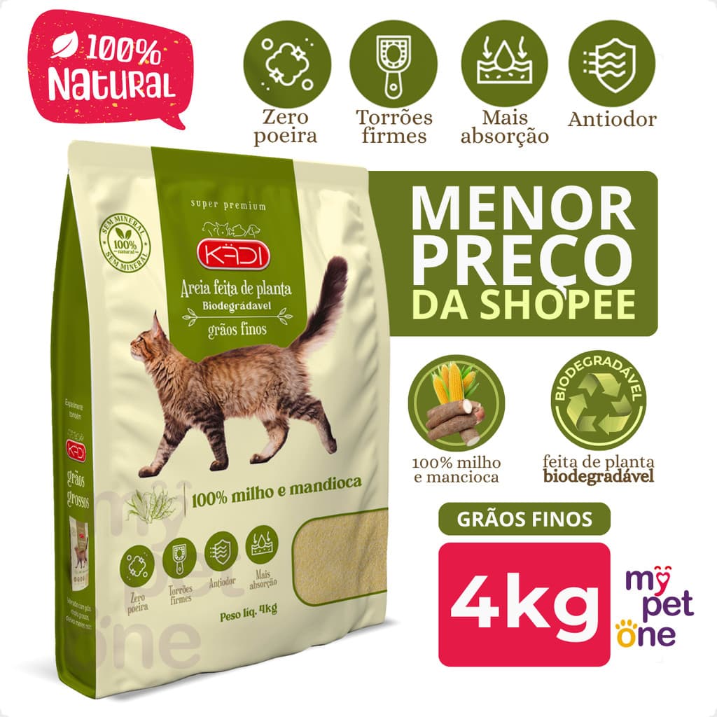 Areia 4Kg Biodegradável Kadi Grãos Finos para Gatos
