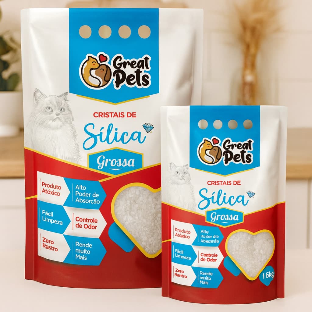 Areia para Gato Cristais de Sílica Great Pets 1,6kg Micro ou Grossa/Fina Alta Absorção Controle de Odor