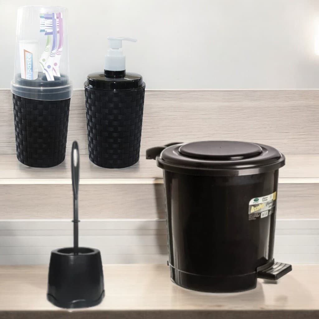 TOALETE LIXEIRA 07 LITROS PEDAL PRETA ESCOVA SANITARIA SUPER REFORÇADA PORTA ESCOVA RATTAN PORTA SABONETE LIQUIDO RATTAN