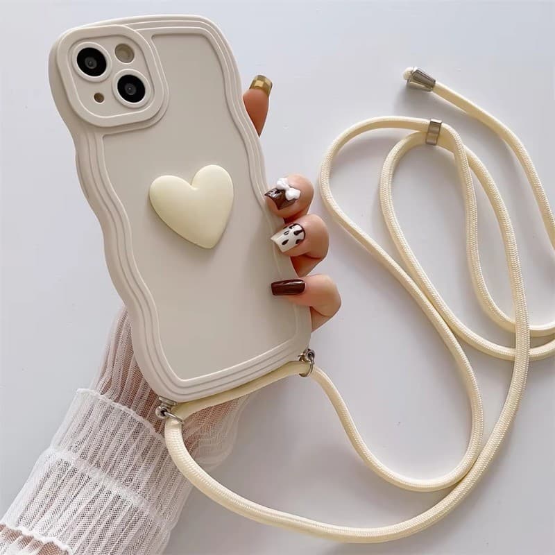 Cor Colar De Luxo Corpo Cruzado Lanyard 3D Love Heart Wave Border Capa Macia Para IPhone 15 14 Pro Max 13 12 11 Telefone