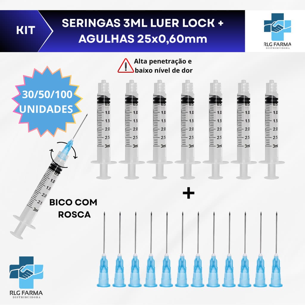 Kit Seringa 3ml com Rosca Luer Lock Estéril + Agulha 25x0,60mm – 100 Unid Cada