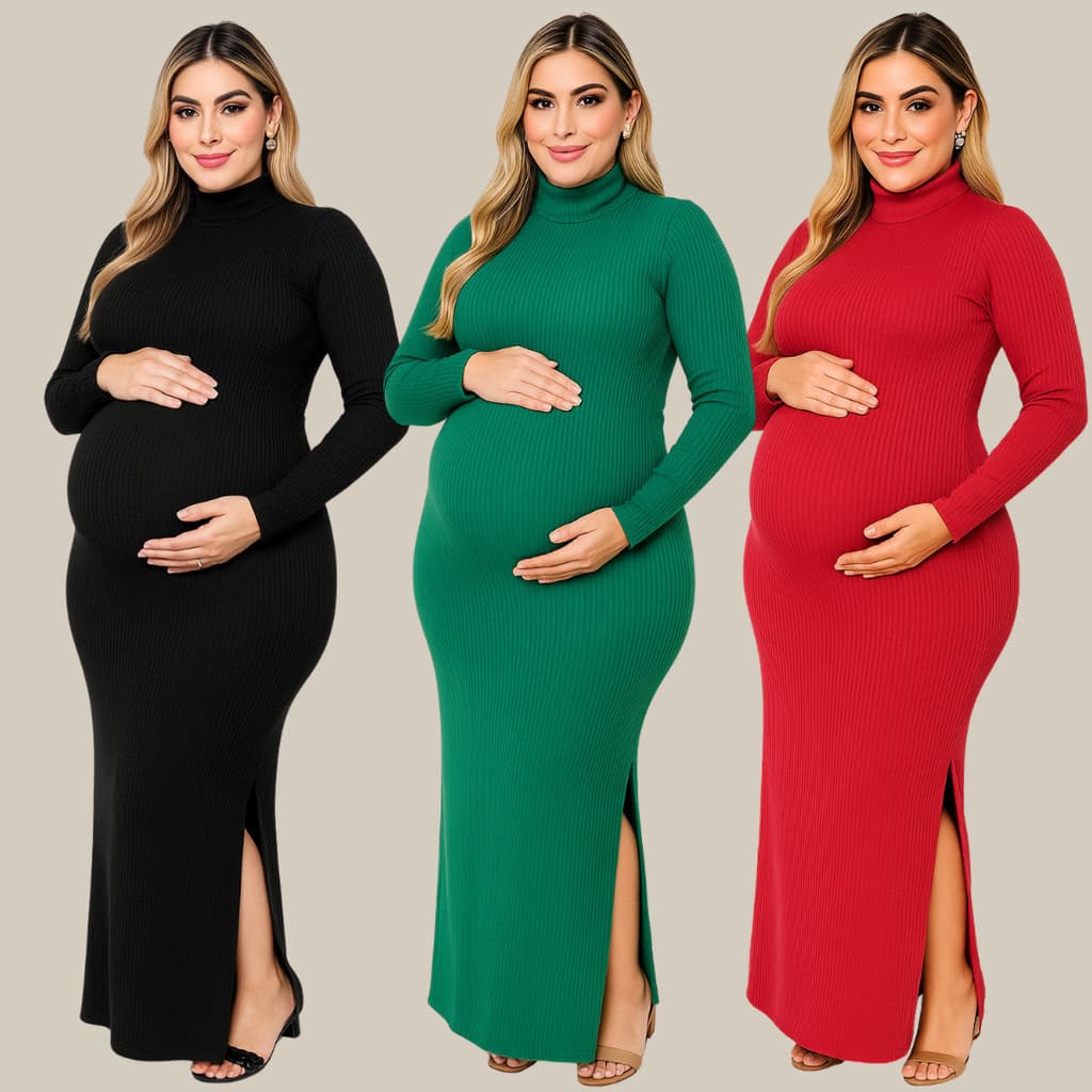 Kit 2 Vestidos Maternidade Gestante Canelado Gola Alta e Fenda Lateral Moda de Inverno Gestantes Gravidez