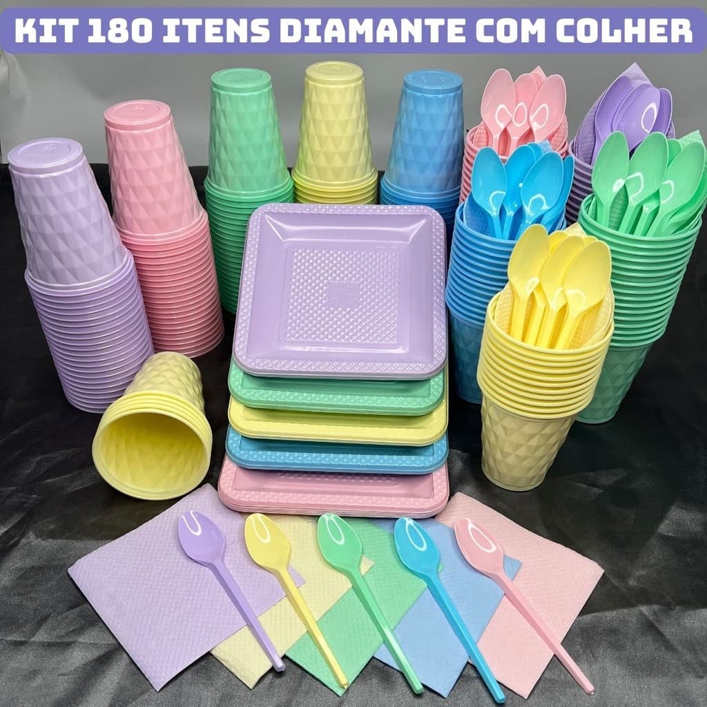 Kit 180 Itens Festa Aniversário Completo Candy Pastel Descartável Pratinho Copo Colher Guardanapo P/ 40 Pessoas