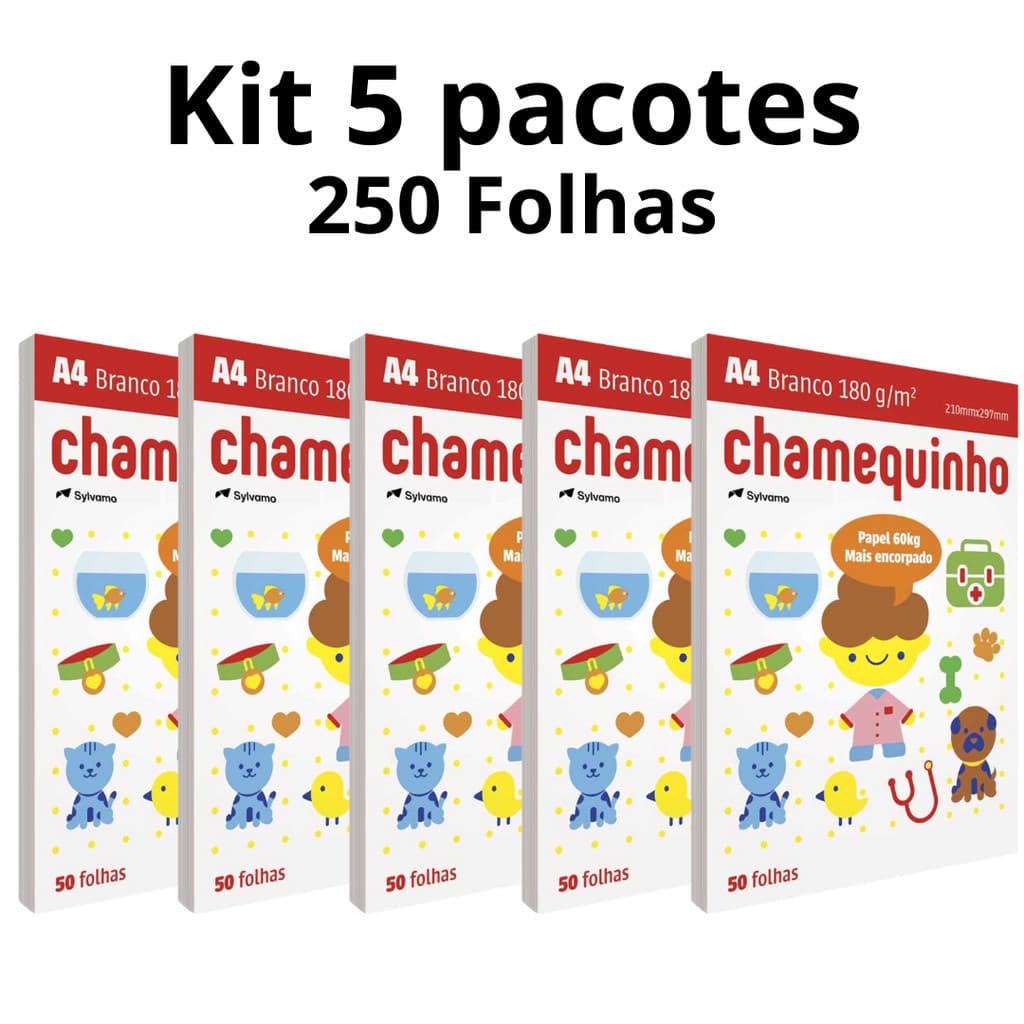 Kit 5 Pacotes Papel Chamequinho Sulfite A4 60Kg 180Gr Branco Chamex 250 Folhas Totais