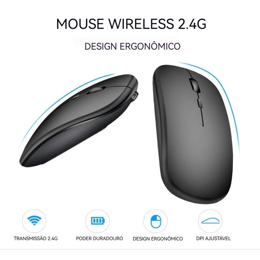 Mouse Ergonômico Sem Fio Recarregável 2.4G Ultra Silencioso Receptor USB Portátil Design Ultrafino