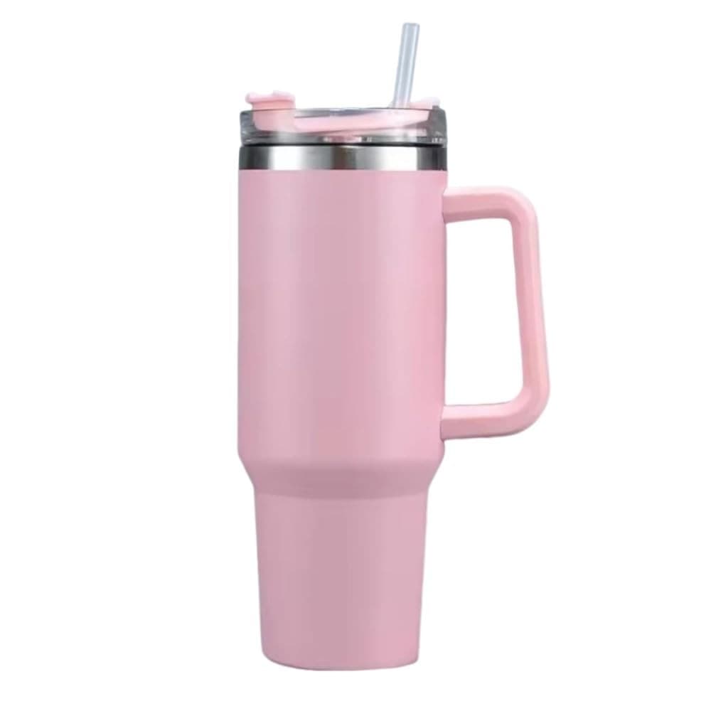 Copo Garrafa Térmica em Aço Inox Com Alça e Canudo 1200ml (Rosa)