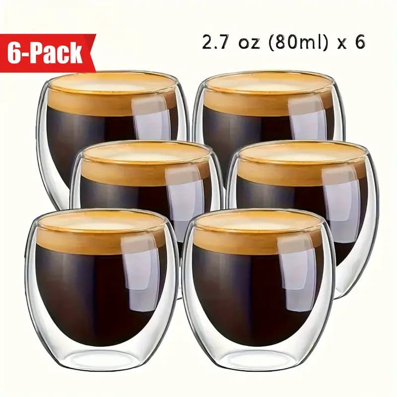 Kit 6 Copo Xícara Parede Dupla Vidro Café Shot Dose Moderno Chique Cantinho Café Escritório
