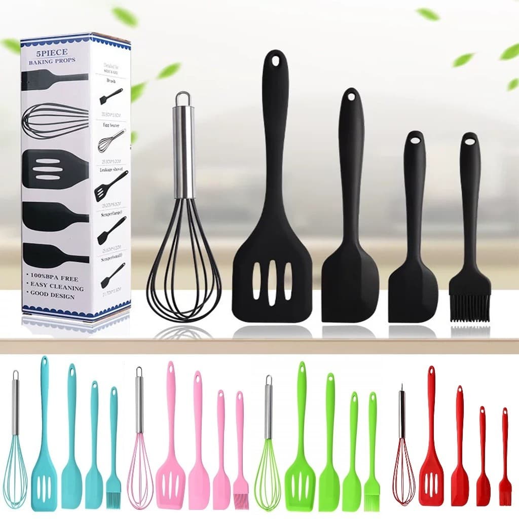 Kit 5 Peças Utensílios de Cozinha Silicone Colher Espátula Fue Espátula Pequena Pincel Terno