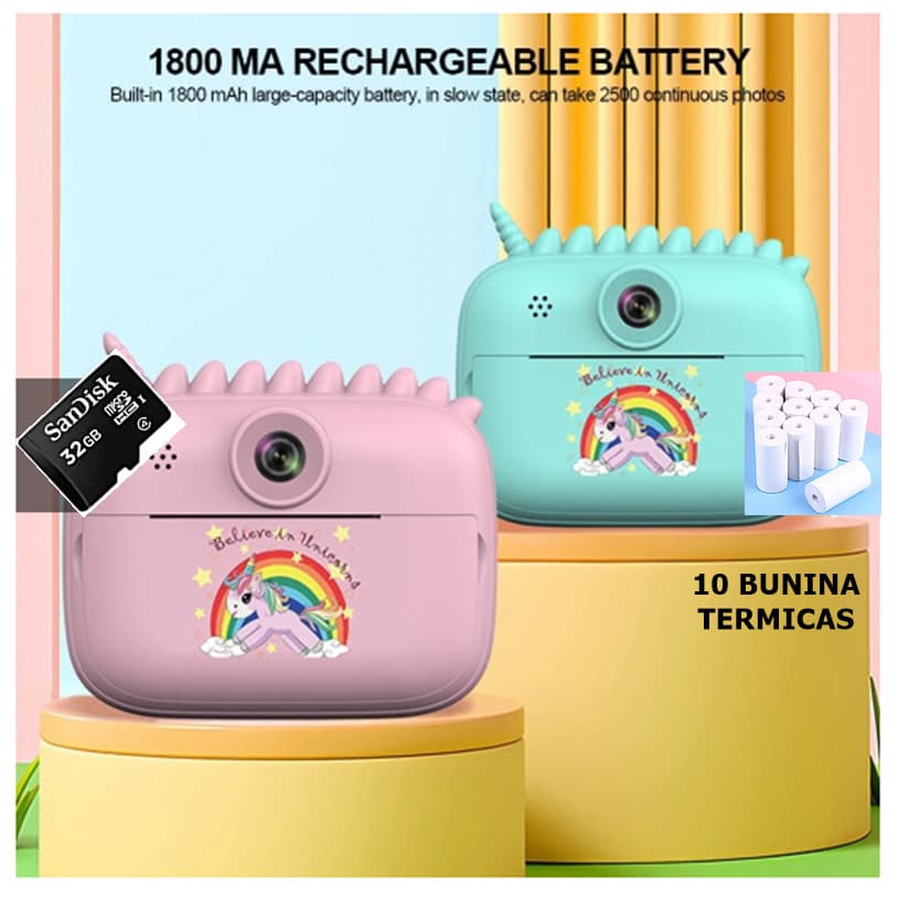 Câmera Infantil Instantânea Filmadora Full Hd 32GB + 10 Rolos  Filme