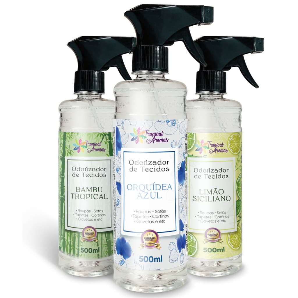 Kit Spray Odorizador de Tecidos Bambu Orquídea Azul Limão Siciliano 500ml Tropical Aromas