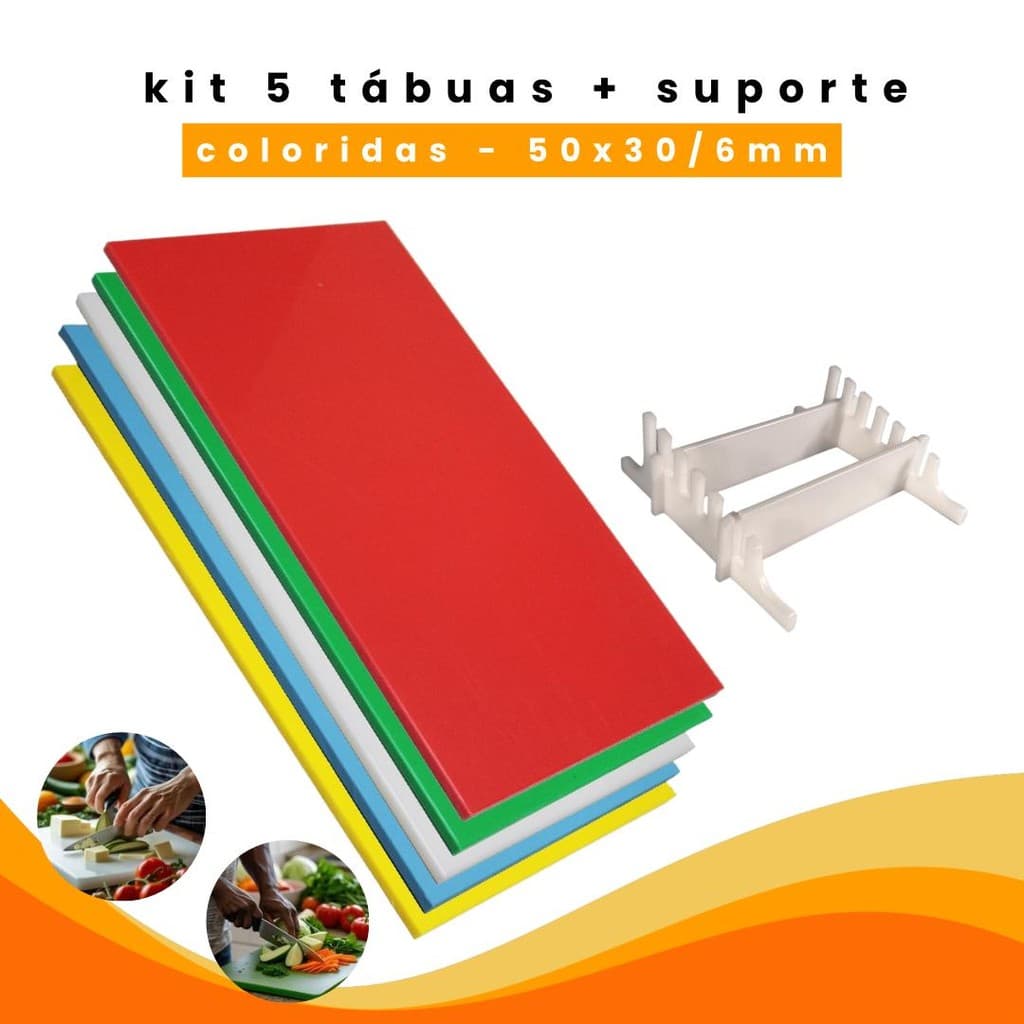 Kit 5 Tabuas De Corte 50x30 6MM + SUPORTE Profissional Antibacteriana  Carnes Legumes Peixes