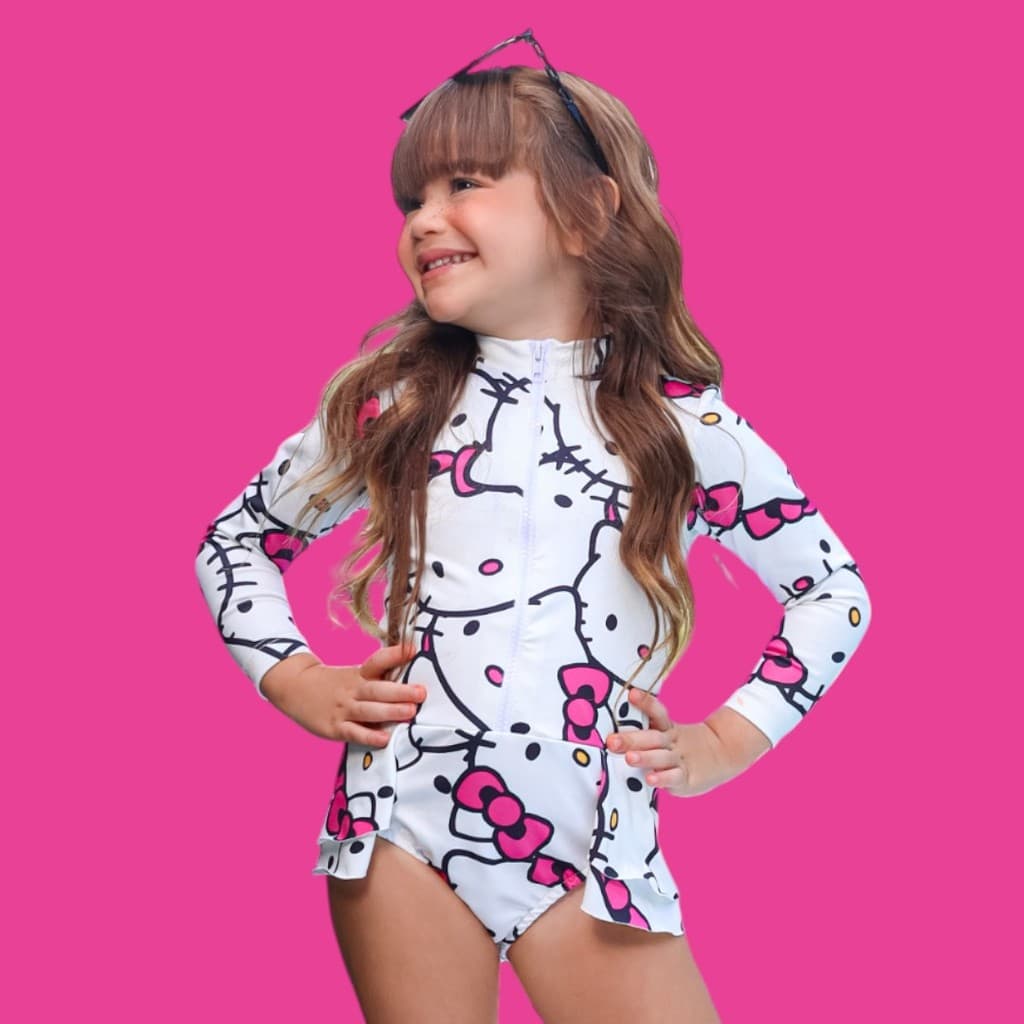 Maiô Natação Infantil Juvenil Biquíni Manga longa Hello Kitty Capivara Stitch personagem helo kit