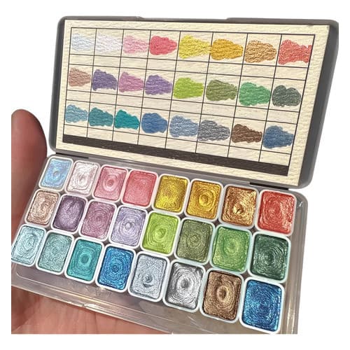 Kit Tinta Aquarela Metalica Brilhante Pastilha 24 Cores