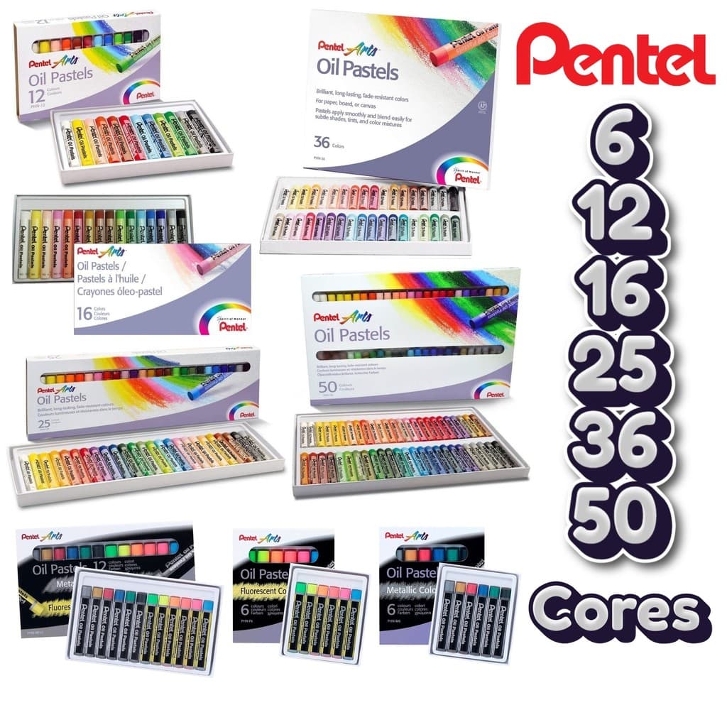 Giz Pastel Oleoso Pentel Original | Estojo 6 a 50 Cores | Desenho Artístico Escolar Profissional