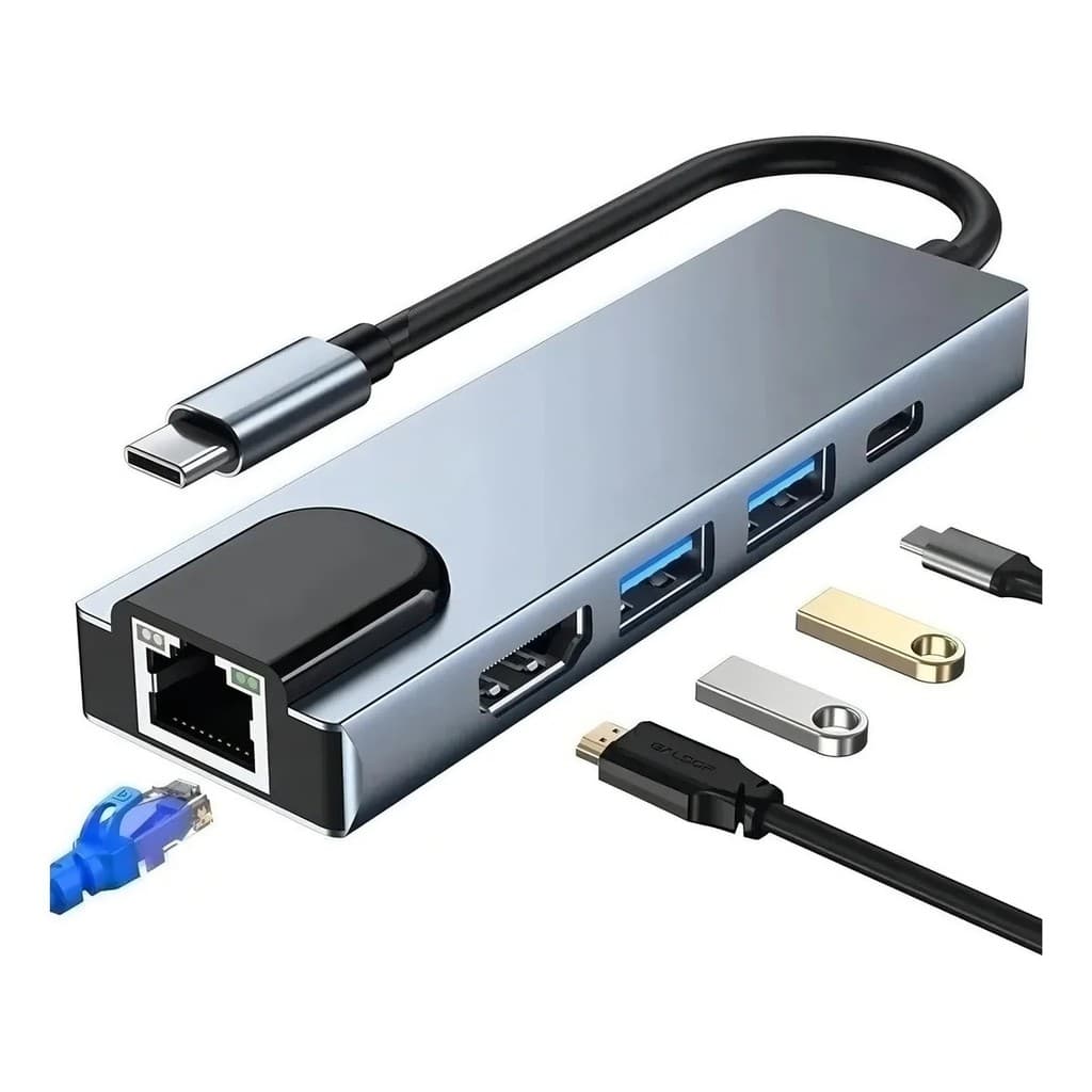 Adaptador Hub Tipo-c 6 Em 1 Hdmi 2x Usb Lan E Tipo-c Cinza-e