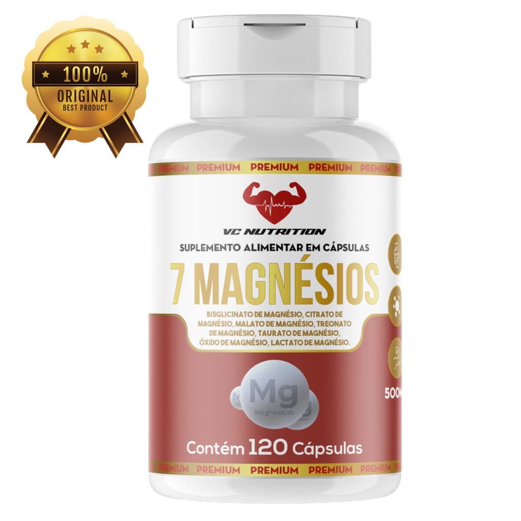 7 Magnésios completo - Bisglicinato, citrato, malato, treonato, taurato, óxido, lactato,  em 120 cápsulas de 500 mg