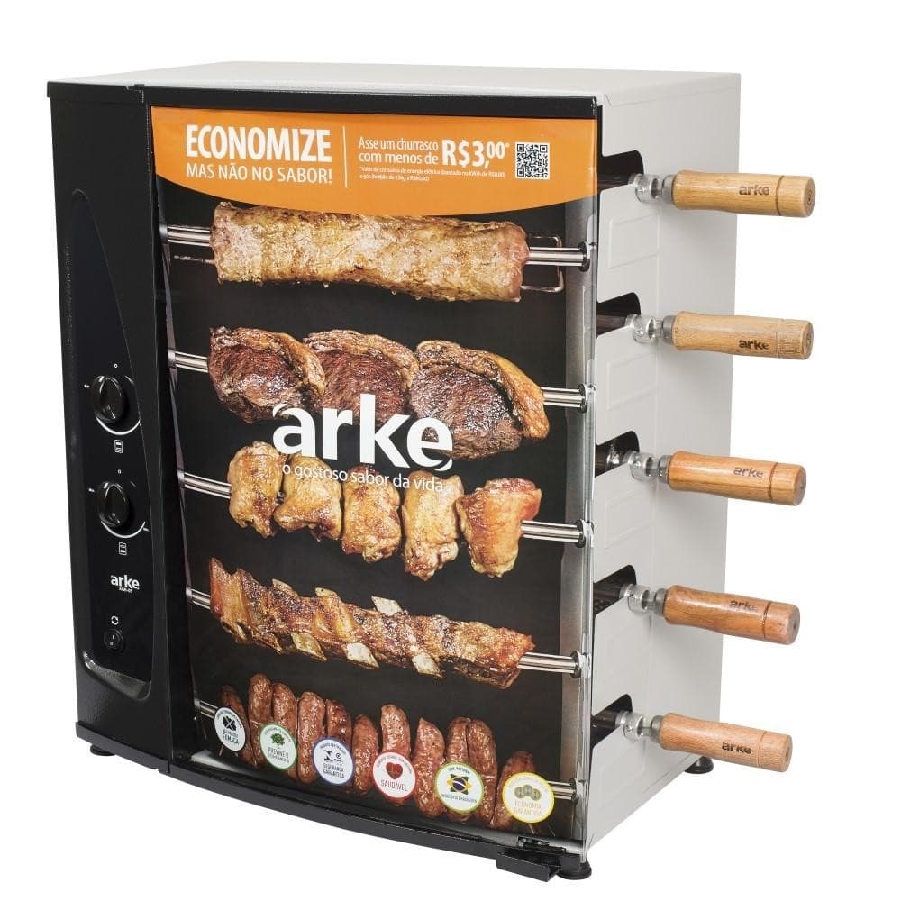Churrasqueira a Gás Com 5 Espetos Giratórios Assador Rotativo Bivolt Aço Carbono GLP Arke AGR