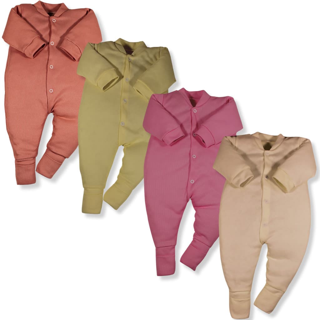 Kit 4 Peças Macacão Bebe Macio Canelado Liso Vira Pé Menina