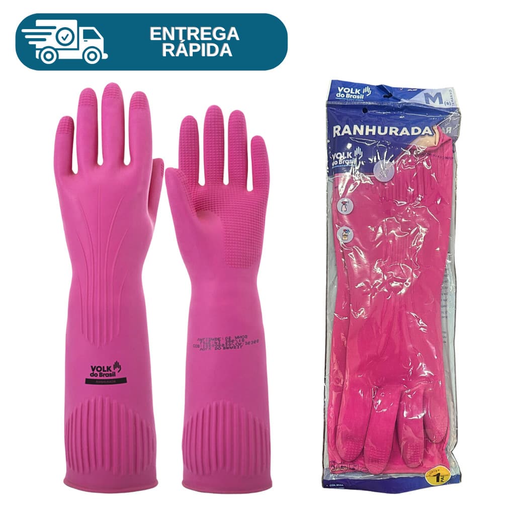 Luva De Latex Ranhurada Cano Longo Antialérgica Proteção Volk Limpeza Epi Remove Pelos Animal Sofá