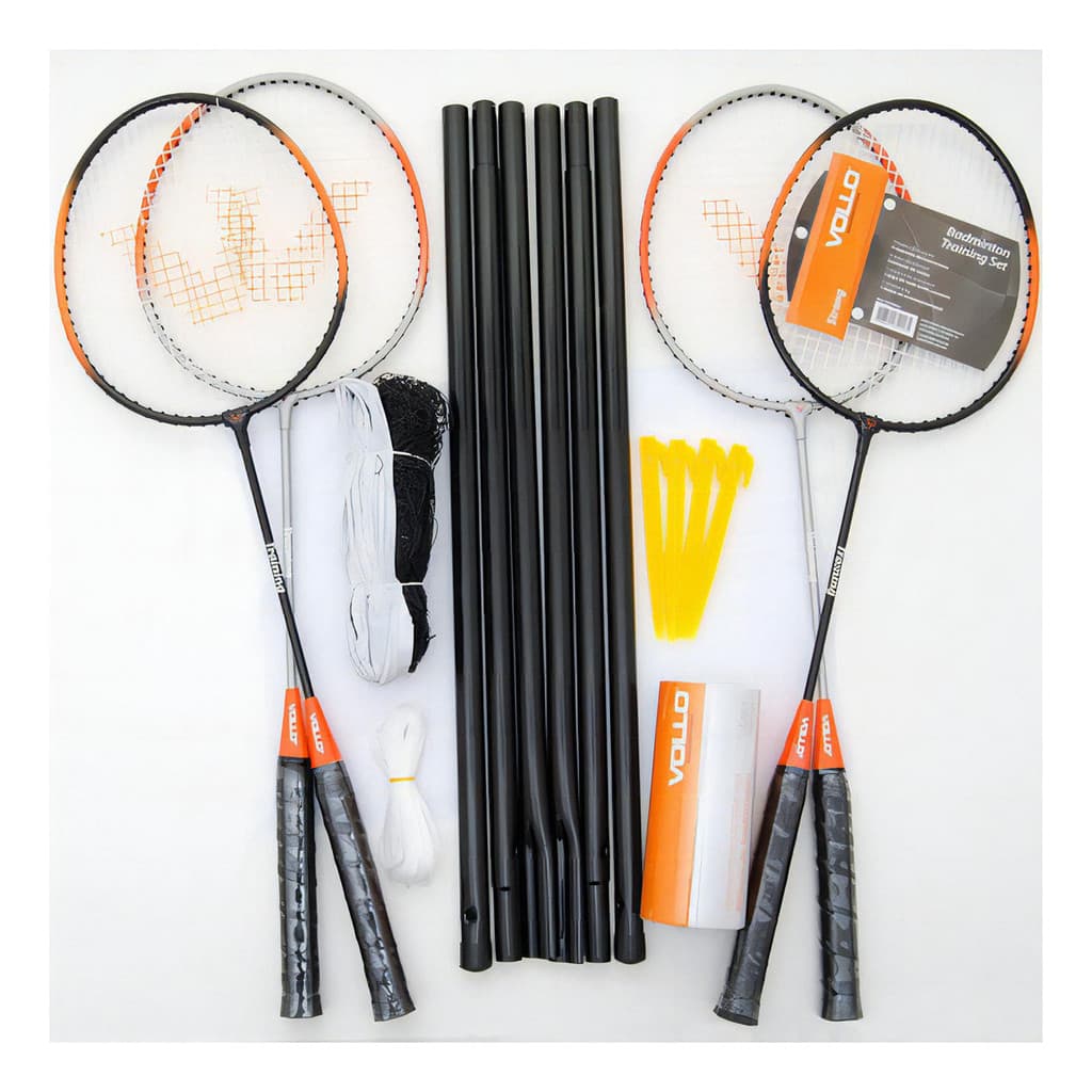 Kit Vollo Badminton Jogo de Grama e Areia com 4 Raquete + 3 Petecas + Rede E Suportes Cor Preto E Laranja