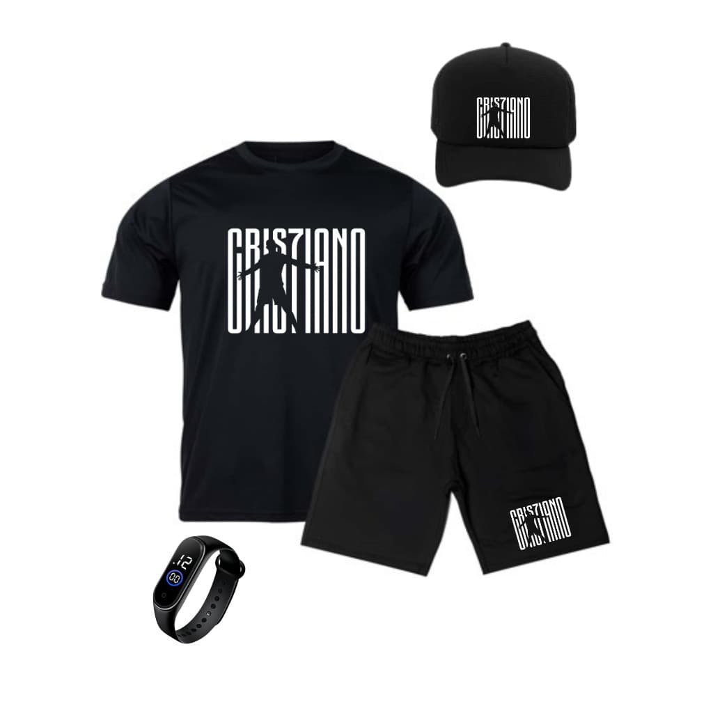 CONJUNTO INFANTIL CAMISA E BERMUDA CR7 CRISTIANO + BONE E RELOGIO