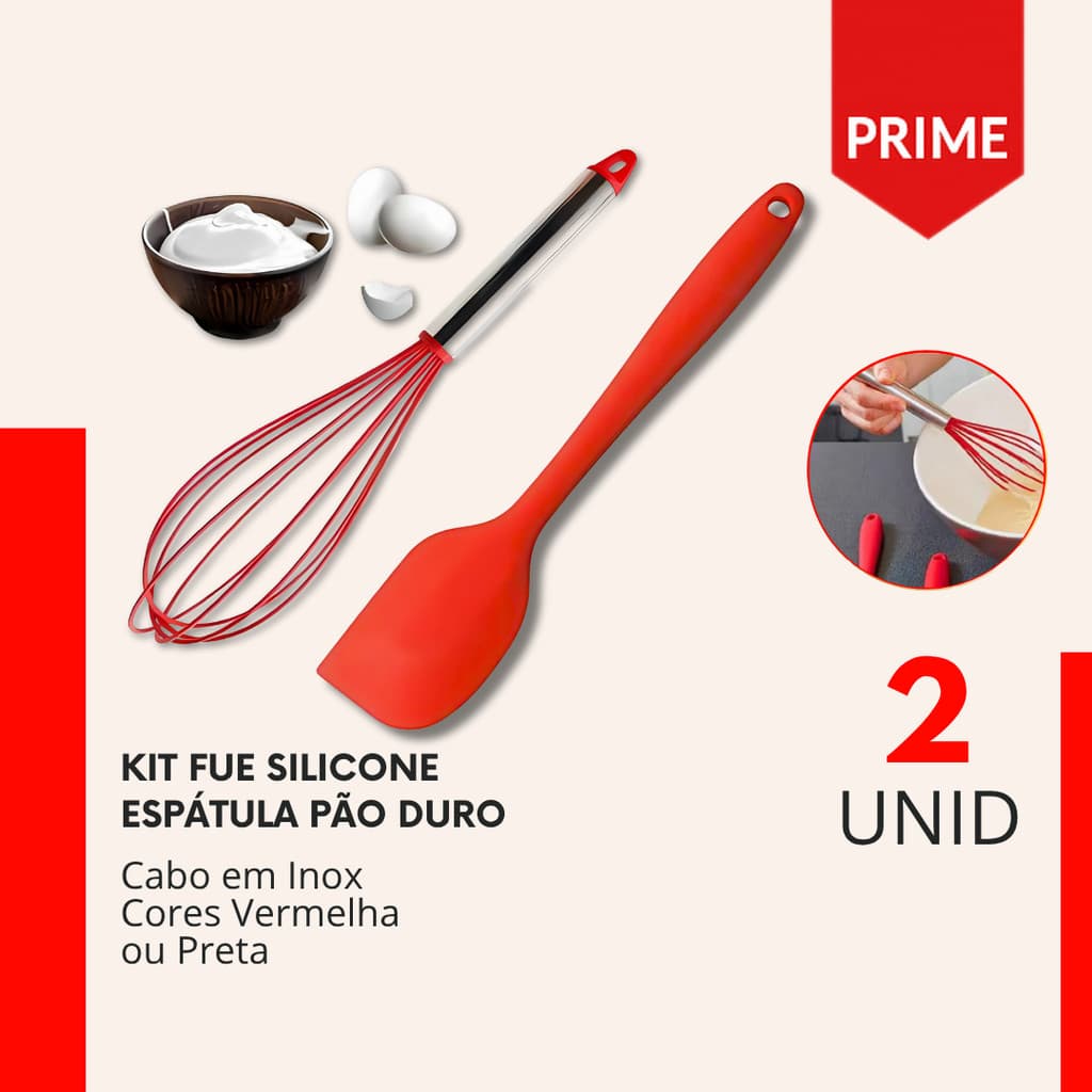 Kit Fue de Silicone + Espatula Pão Duro Batedor de Claras e Ovos para Bolo Confeitaria Restaurante