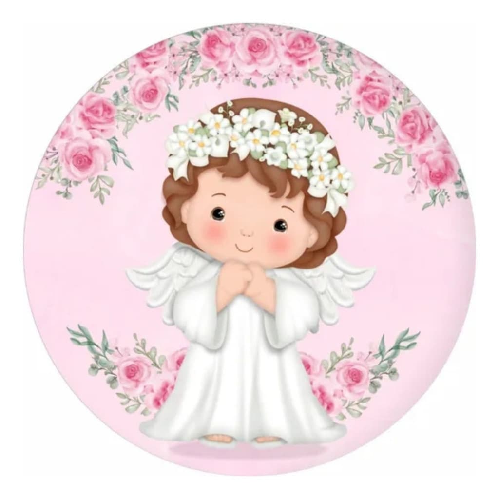 Mini Painel Redondo Veste Fácil Com Capa Meu Batizado Tema Religioso Anjinho

