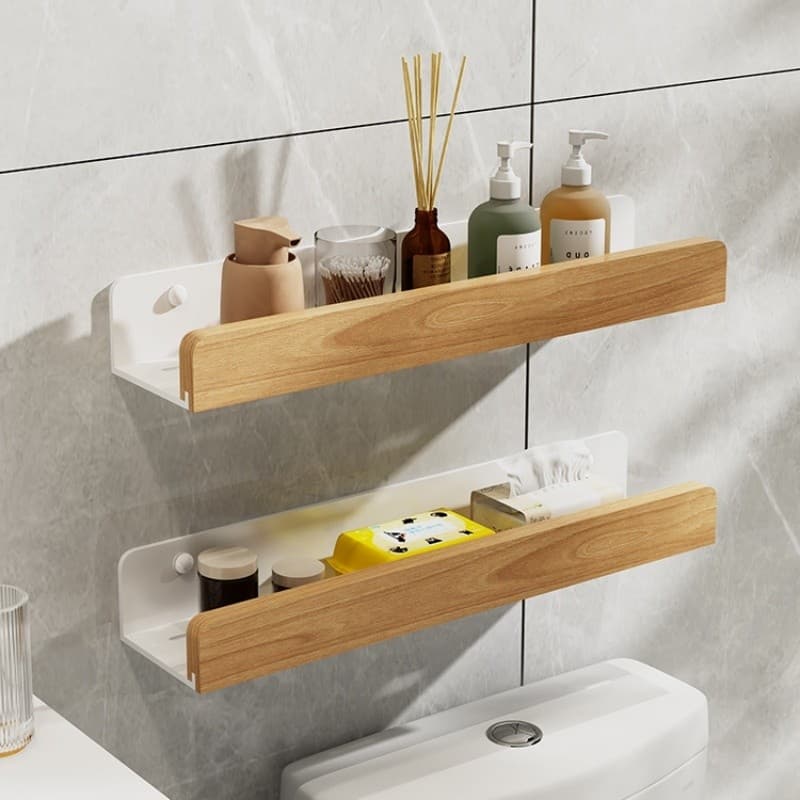 Prateleira Adesiva de Banheiro em Estilo Madeira e Ferro, Suporte Sem Furos para Chuveiro