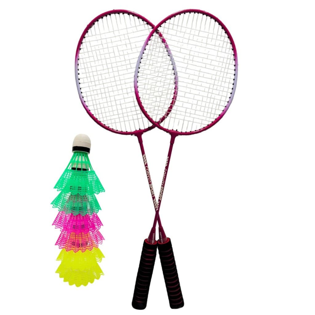 Kit Raquetes Badminton Convoy Sport Rosa + 6 Petecas P/ Treinos E Jogos