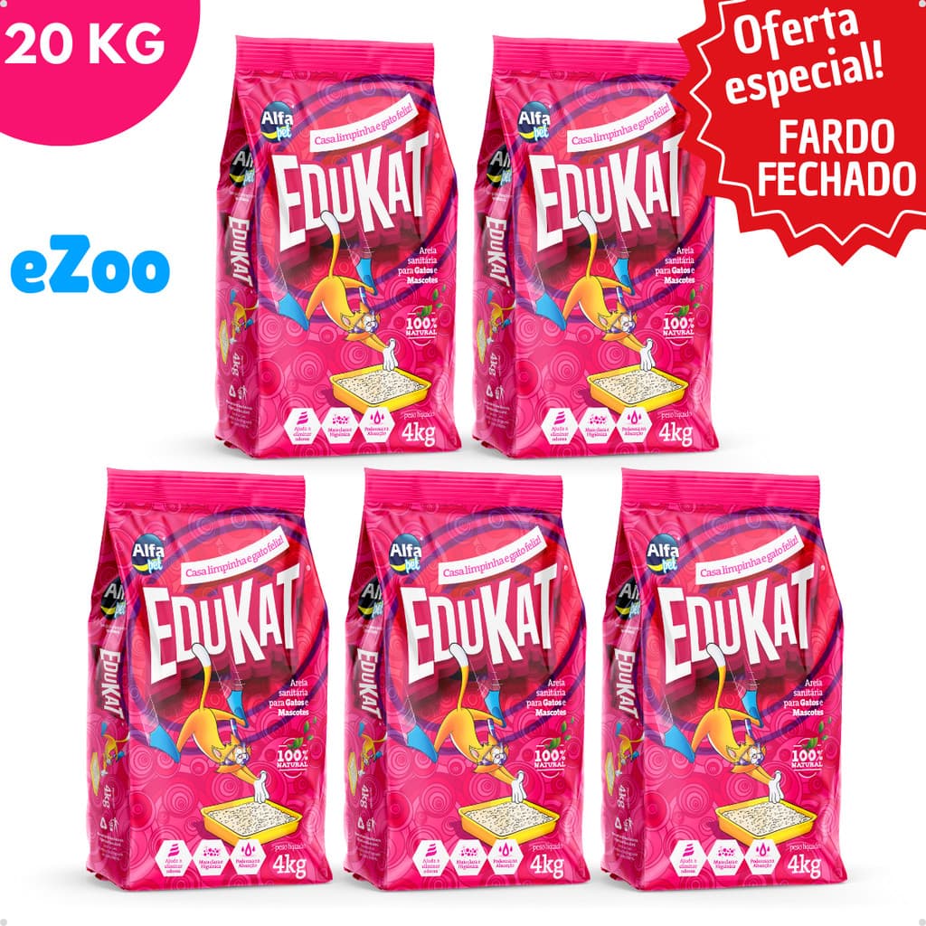Kit 5 Areia Sanitária Higiênica Natural Argila para Gatos EduKat Fardo Fechado 4 Kg Alfa Pet